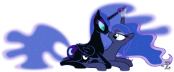 Size: 12530x5190 | Tagged: safe, artist:90sigma, nightmare moon, princess luna, alicorn, pony, absurd resolution, female, glowing horn, horns are touching, lesbian, self ponidox, selfcest, shipping, simple background, transparent background, vector