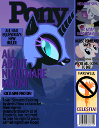 Size: 1700x2200 | Tagged: safe, artist:dutchess6942, hoity toity, nightmare moon, nurse redheart, princess celestia, alicorn, pony, friendship is magic, bad end, magazine, magazine cover, parody, people magazine