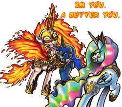 Size: 1731x1519 | Tagged: safe, artist:darkone10, nightmare star, princess celestia, princess luna, alicorn, pony, celestia is not amused, gritted teeth, luna is not amused, self ponidox, simple background