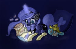 Size: 900x582 | Tagged: safe, artist:joieart, princess luna, alicorn, pikachu, pony, cheesy puffs, clothes, dark, eating, gamer luna, nintendo, nintendo ds, plushie, pokémon, socks, squirtle