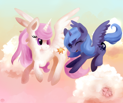 Size: 1280x1067 | Tagged: safe, artist:gingersnaap, princess celestia, princess luna, alicorn, pony, cewestia, filly, flying, woona