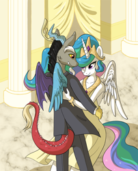 Size: 1274x1575 | Tagged: safe, artist:catsncupcakes, discord, princess celestia, anthro, clothes, dancing, dislestia, dress, female, male, shipping, smiling, straight, suit