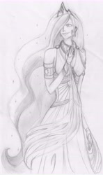 Size: 7792x13120 | Tagged: safe, artist:kulturschock, princess celestia, absurd resolution, clothes, dress, humanized, simple background, smiling, solo, traditional art