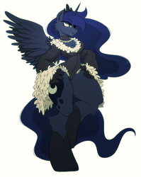 Size: 780x982 | Tagged: safe, artist:umeguru, princess luna, alicorn, anthro, unguligrade anthro, breasts, choker, cleavage, fangs, female, hand on hip, jewelry, necklace, pearl necklace, simple background, solo, spread wings, thunder thighs, yellow background