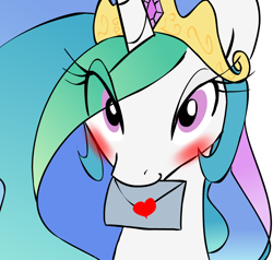 Size: 1020x969 | Tagged: safe, artist:zev, princess celestia, alicorn, pony, blushing, female, letter, looking at you, love letter, mare, mouth hold, solo