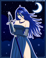 Size: 1100x1400 | Tagged: safe, artist:zantyarz, princess luna, breasts, cleavage, clothes, dress, female, humanized, moon, pixel art, princess balloona, side slit, solo, sword