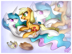 Size: 800x600 | Tagged: safe, artist:ep-777, applejack, princess celestia, alicorn, earth pony, pony, applelestia, cuddling, cute, eye contact, female, lesbian, missing accessory, on back, on top, prone, shipping, smiling, snuggling