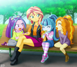 Size: 1200x1045 | Tagged: safe, artist:uotapo, adagio dazzle, aria blaze, sonata dusk, sunset shimmer, equestria girls, adoragio, age regression, ariabetes, child, cute, eating, eyes closed, food, geode of empathy, kid, magical geodes, mama sunset, open mouth, shimmerbetes, sitting, sonatabetes, sonataco, taco, the dazzlings, tree, younger