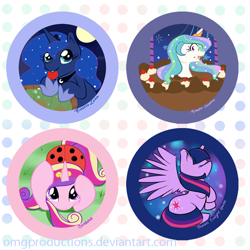 Size: 650x650 | Tagged: safe, artist:omgproductions, princess cadance, princess celestia, princess luna, twilight sparkle, twilight sparkle (alicorn), alicorn, pony, alicorn tetrarchy, apple, cake, female, mare