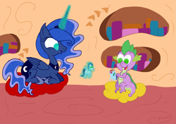 Size: 2273x1604 | Tagged: safe, artist:iguana14, princess luna, rainbow dash, soarin', spike, alicorn, dragon, pegasus, pony, shipper on deck, toy