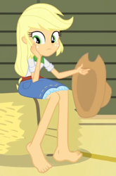 Size: 468x709 | Tagged: safe, editor:grapefruitface, applejack, equestria girls, barefoot, clothes, feet, fetish, foot fetish, hat, hay, sitting, solo