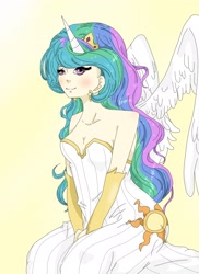 Size: 1700x2338 | Tagged: safe, artist:vanellope-von-art, princess celestia, clothes, dress, earring, horned humanization, humanized, smiling, solo, winged humanization