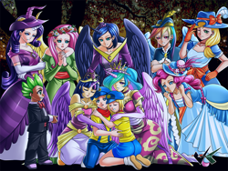 Size: 1000x750 | Tagged: safe, artist:jadenkaiba, applejack, fluttershy, pinkie pie, princess celestia, princess luna, rainbow dash, rarity, spike, twilight sparkle, twilight sparkle (alicorn), oc, human, beautiful, clothes, comforting, coronation dress, dress, horned humanization, humanized, kagamine len, kagamine rin, mane seven, mane six, vocaloid, winged humanization