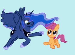 Size: 1100x800 | Tagged: safe, princess luna, scootaloo, alicorn, pegasus, pony, scootalove, simple background