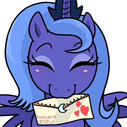 Size: 857x860 | Tagged: safe, artist:madmax, princess luna, alicorn, pony, close-up, cute, eyes closed, letter, love letter, lunabetes, mail, mouth hold, s1 luna, simple background, solo