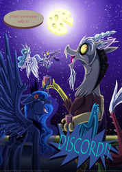 Size: 900x1267 | Tagged: safe, artist:inuhoshi-to-darkpen, discord, princess celestia, princess luna, twilight sparkle, twilight sparkle (alicorn), alicorn, draconequus, pony, angry, celestia is not amused, cheese, discord being discord, female, luna is not amused, lunacord, male, mare, shipping, straight, this will end in pain, this will end in petrification, varying degrees of amusement, yelling