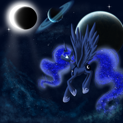 Size: 3000x3000 | Tagged: safe, artist:solarpaintdragon, princess luna, alicorn, pony, eclipse, galaxy, solo, stars