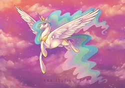 Size: 800x566 | Tagged: safe, artist:kaceymeg, princess celestia, alicorn, pony, female, flying, horn, mare, multicolored mane, solo, white coat