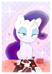 Size: 1067x1515 | Tagged: safe, artist:fuwuart, artist:lyrabop, rarity, pony, unicorn, alcohol, blushing, cake, candle, chest fluff, ear fluff, eyeshadow, female, flower, flower petals, food, heart, looking at you, makeup, mare, rarity looking at food, rose, solo, solo female, table, wine