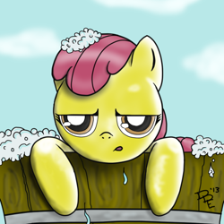 Size: 512x512 | Tagged: safe, artist:plinko, derpibooru import, apple bloom, bath, bubble, cute, solo, wet mane