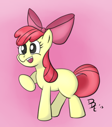 Size: 400x452 | Tagged: safe, artist:plinko, derpibooru import, apple bloom, pinkie pie, earth pony, pony, female, open mouth, raised hoof, signature, simple background, solo