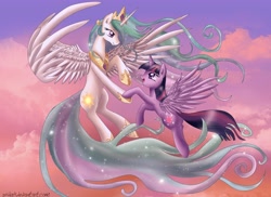 Size: 5359x3894 | Tagged: safe, artist:pridark, princess celestia, twilight sparkle, twilight sparkle (alicorn), alicorn, pony, absurd resolution, cloud, cloudy, female, flying lesson, mare