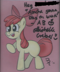 Size: 373x442 | Tagged: safe, artist:plinko, derpibooru import, apple bloom, autograph, autographed, filly, solo