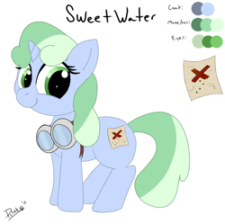 Size: 888x884 | Tagged: safe, artist:augustbebel, artist:plinko, derpibooru import, oc, oc only, oc:sweetwater, pony, unicorn, female, filly, goggles, reference sheet, solo