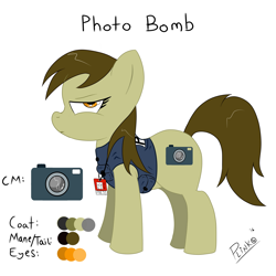 Size: 2000x2000 | Tagged: safe, artist:plinko, derpibooru import, oc, oc only, oc:photo bomb, earth pony, pony, photographer, reference sheet