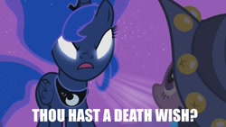 Size: 1000x562 | Tagged: safe, edit, edited screencap, screencap, princess luna, twilight sparkle, unicorn twilight, alicorn, pony, unicorn, luna eclipsed, caption, clothes, costume, female, glowing eyes, image macro, mare, reaction image, star swirl the bearded costume, text, traditional royal canterlot voice