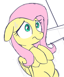 Size: 500x600 | Tagged: safe, artist:yosixi, fluttershy, pegasus, pony, female, floppy ears, folded wings, hooves to the chest, looking at something, mare, nervous, nervous sweat, on back, solo, solo female, sweat, wings