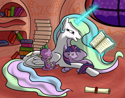 Size: 1954x1522 | Tagged: safe, artist:bri-sta, artist:php44, princess celestia, spike, twilight sparkle, alicorn, dragon, pony, book, colored, golden oaks library, magic, momlestia