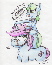 Size: 1469x1830 | Tagged: safe, artist:plinko, derpibooru import, oc, oc only, oc:gyro tech, oc:sweetwater, unicorn, bridle, female, filly, goggles, gywater, ponies riding ponies, reins, shipping, traditional art