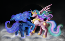 Size: 1280x805 | Tagged: safe, artist:silnat, princess celestia, princess luna, alicorn, pony, eclipse, moon, sun