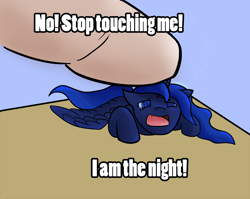 Size: 1116x887 | Tagged: safe, artist:alexander93, princess luna, human, pony, bat thread, chibi, crying, cute, fangs, filly, finger, floppy ears, i am the night, image macro, open mouth, parody, petting, prone, spread wings, stop touching me, woona