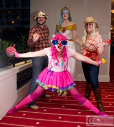 Size: 721x800 | Tagged: artist needed, safe, artist:nightengale37, applejack, big macintosh, pinkie pie, princess celestia, human, clown nose, convention, cosplay, irl, irl human, katsucon, leg warmers, photo, sunglasses