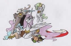 Size: 900x592 | Tagged: dead source, safe, artist:frankilew, discord, princess celestia, alicorn, hybrid, pony, dislestia, female, interspecies offspring, male, offspring, parent:discord, parent:princess celestia, parents:dislestia, shipping, simple background, straight, traditional art, white background