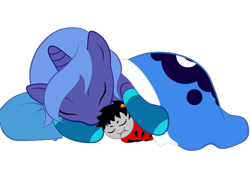 Size: 1280x960 | Tagged: safe, artist:lady-drake, princess luna, :i, blanket, clothes, crossover, filly, grub, homestuck, karkat vantas, sleeping, socks