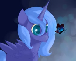 Size: 995x802 | Tagged: safe, artist:fikakorv, princess luna, alicorn, butterfly, pony, curious, cute, frown, s1 luna, solo, watching, woona