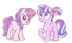 Size: 1000x600 | Tagged: safe, artist:yosixi, starlight glimmer, sugar belle, pony, unicorn, bow, duo, duo female, female, filly, filly starlight glimmer, glowing horn, pigtails, ribbon, younger