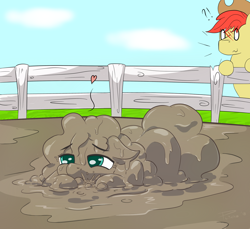 Size: 2000x1832 | Tagged: safe, artist:plinko, derpibooru import, bright mac, pear butter, pony, blushing, farm, female, filthy, hat, male, mare, mud, mud bath, muddy, pig pen, stallion, wet and messy