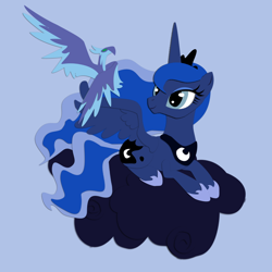 Size: 1200x1200 | Tagged: safe, artist:the-paper-pony, princess luna, alicorn, phoenix, pony, blue background, cloud, female, lying down, mare, night phoenix, pet, simple background, solo, spread wings, wings