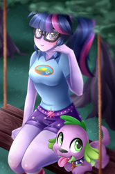 Size: 2786x4200 | Tagged: safe, artist:scarlet-spectrum, sci-twi, spike, spike the regular dog, twilight sparkle, dog, equestria girls, legend of everfree, absurd resolution, blushing, camp everfree outfits, clothes, cute, duo, glasses, high res, scenery, shorts, sitting, swing, thunder thighs, tongue out, tree, twiabetes, wide hips