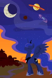 Size: 2400x3600 | Tagged: safe, artist:grandpalove, princess luna, alicorn, pony, crescent moon, ethereal mane, eyes closed, female, galaxy, mare, moon, planet, planetary ring, solo, space, sunset, surreal, the cosmos, working