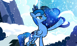 Size: 1000x594 | Tagged: safe, artist:pixelkitties, princess luna, alicorn, pony, female, mare, raised hoof, snow, snowfall, solo, winter, winter storm luna