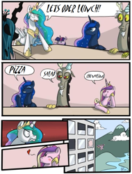 Size: 731x960 | Tagged: safe, artist:crystal-secret, edit, discord, princess cadance, princess luna, queen chrysalis, trixie, twilight sparkle, alicorn, changeling, changeling queen, pony, cannibalism, comic, employer meme, exploitable meme, hejibits