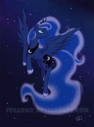 Size: 600x813 | Tagged: safe, artist:erysz, princess luna, alicorn, pony, flying, night, night sky, sky, smiling, solo