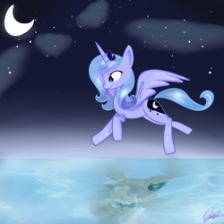 Size: 894x894 | Tagged: safe, artist:joshydesu, nightmare moon, princess luna, alicorn, pony, flying, moon, night, reflection, s1 luna, solo