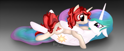 Size: 1093x451 | Tagged: safe, artist:aimeelovesu, princess celestia, oc, alicorn, pony, boop, on back