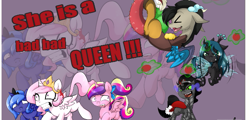 Size: 643x308 | Tagged: safe, artist:nightmarelion, discord, king sombra, princess cadance, princess celestia, princess luna, queen chrysalis, alicorn, changeling, changeling queen, nymph, pony, unicorn, cewestia, colt, filly, tomatoes, woona